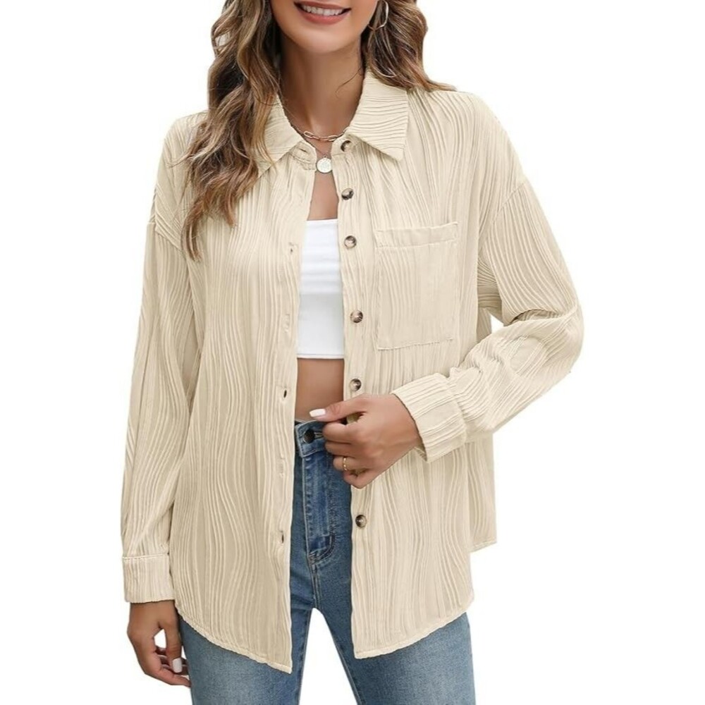 Teepie Womens Button Blouse Size L Ribbed with Pocket lapel V-neck - Picture 3 of 12